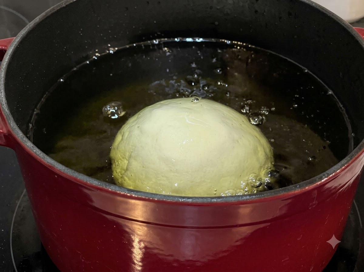 Una grande palla di pasta rotonda che frige in una pentola rossa piena di olio da cucina caldo e bollente.