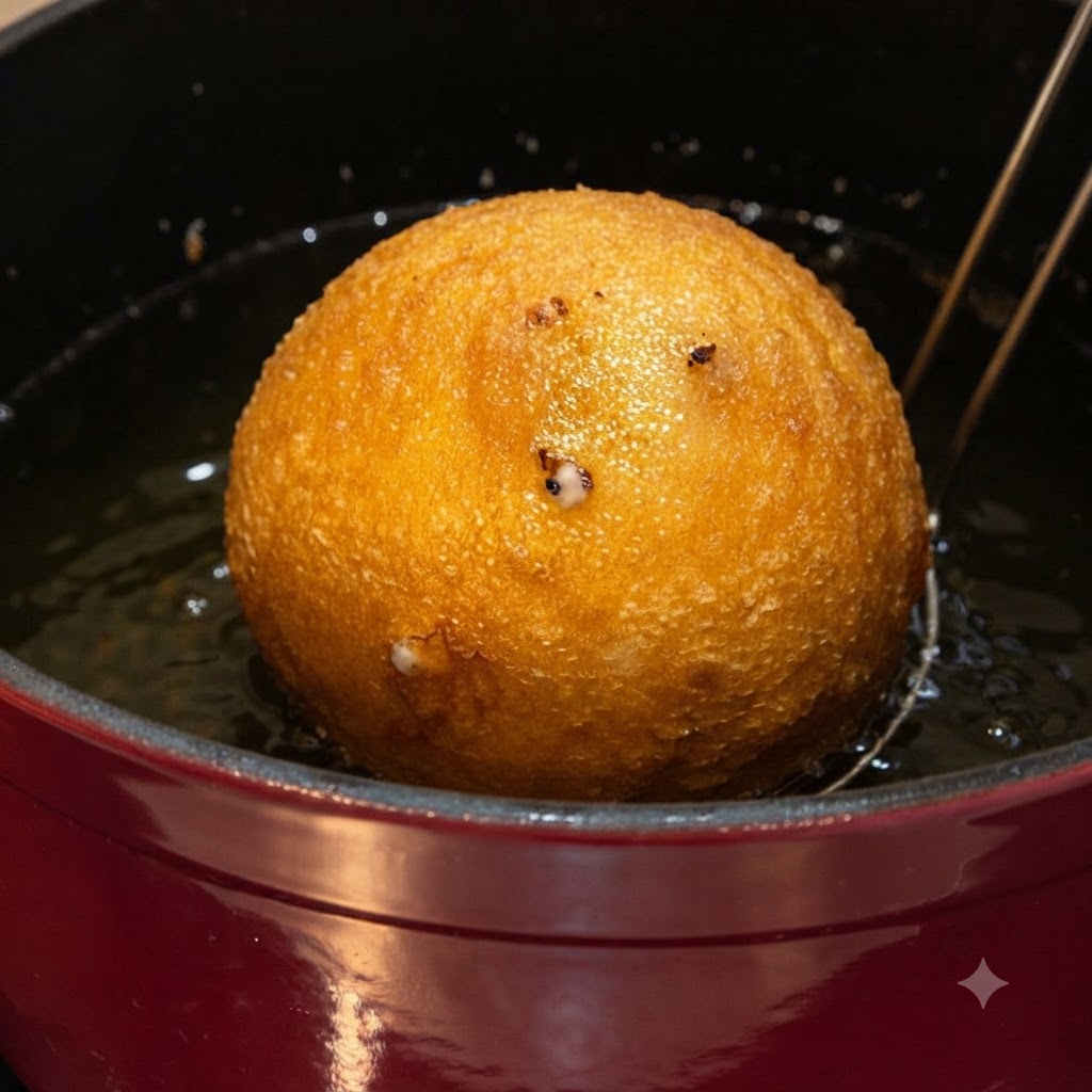 Una palla fritta dorata sollevata dallolio caldo con una schiumarola a rete metallica.
