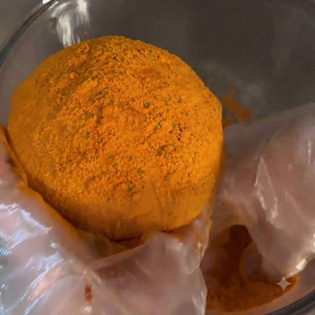 Una palla fritta dorata coperta di vivace polvere di formaggio piccante arancione allinterno di una ciotola di vetro.