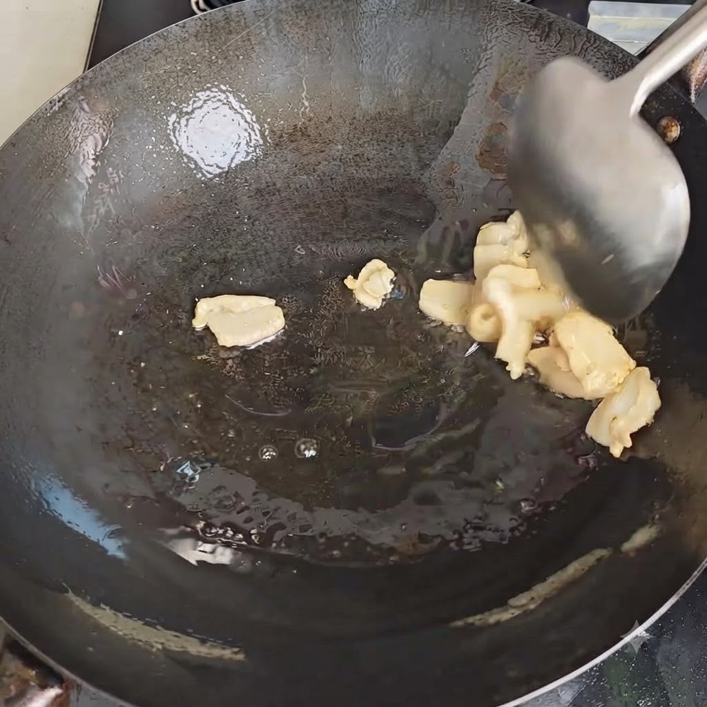 Una spatola di metallo che mescola pezzi di grasso di maiale mentre si sciolgono in un wok caldo.