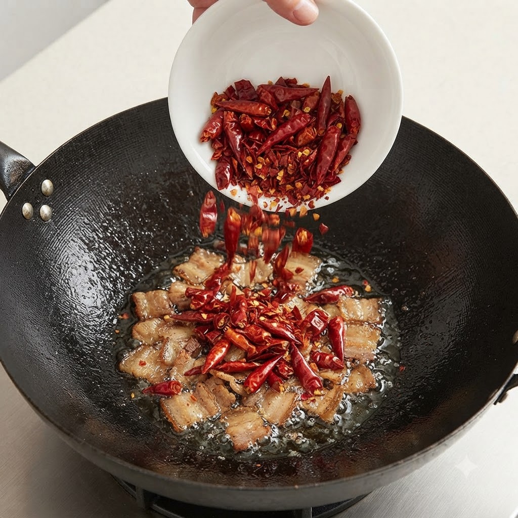 Una ciotola bianca che versa peperoncini rossi secchi tritati in un wok contenente grasso di maiale fuso.