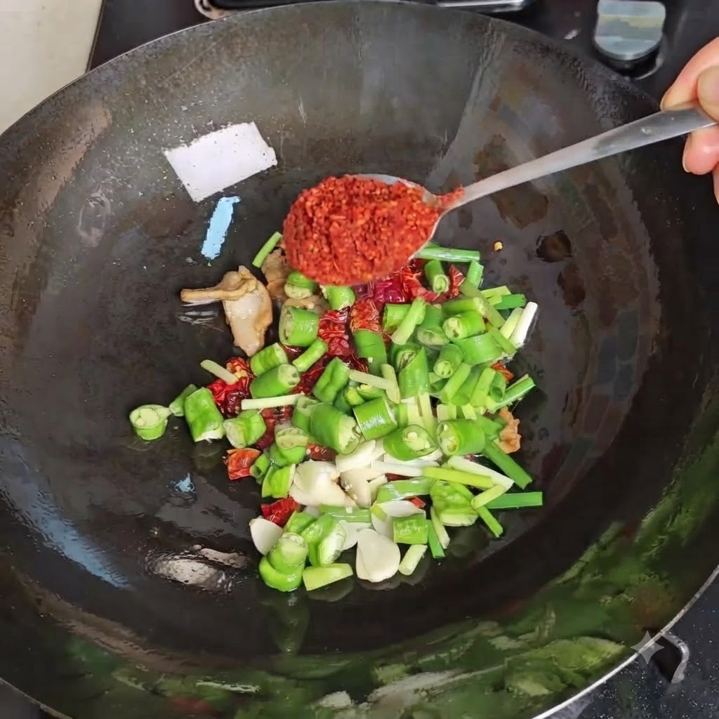 Un cucchiaio di peperoncino in polvere rosso vivo versato in un wok condito contenente peperoncini verdi affettati e altri aromi.