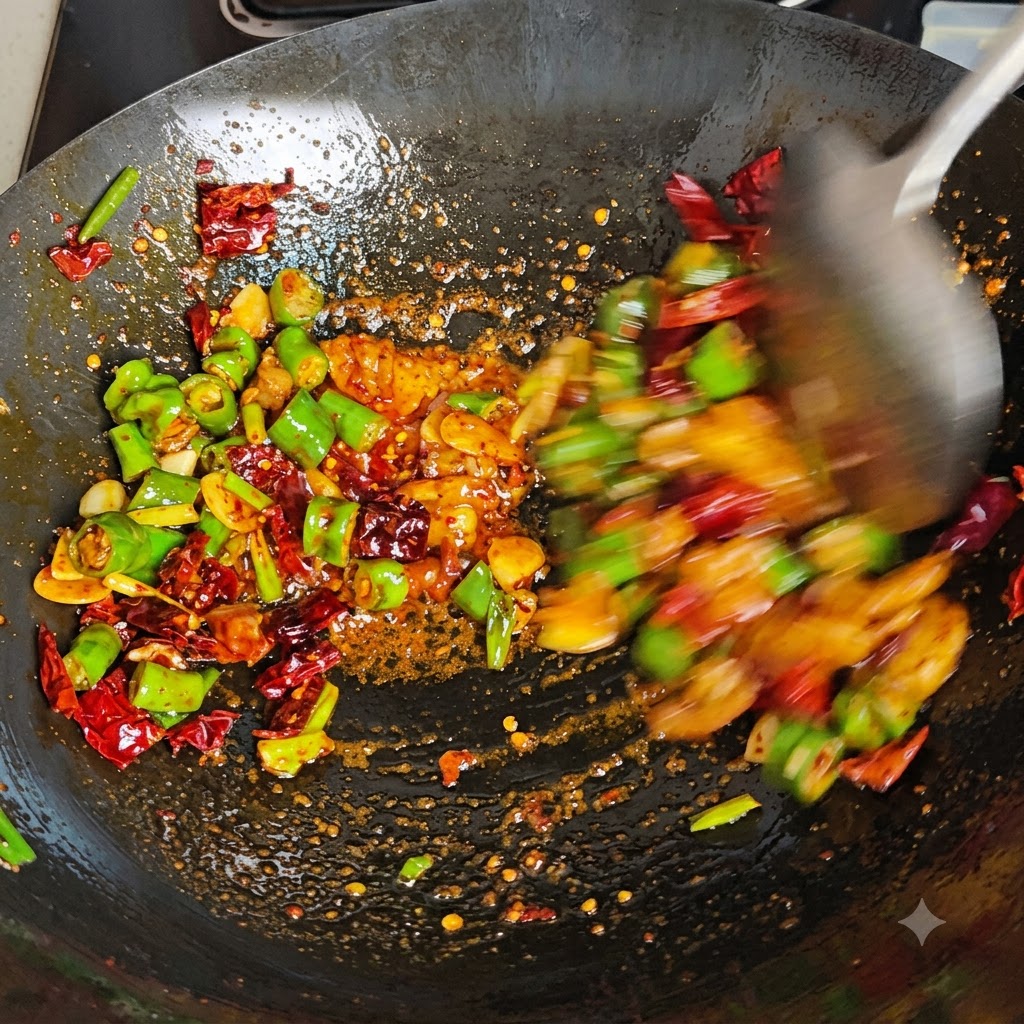 Una spatola di metallo in movimento veloce che mescola energicamente peperoncini verdi e rossi, aglio e grasso di maiale in un wok caldo.