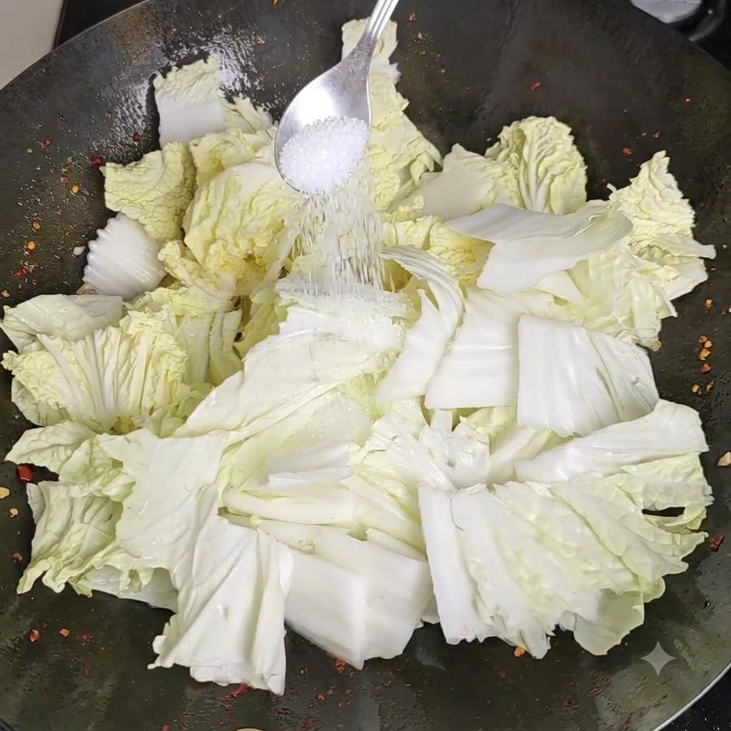 Polvere di bouillon di pollo spruzzata da un cucchiaio sugli ingredienti nel wok.