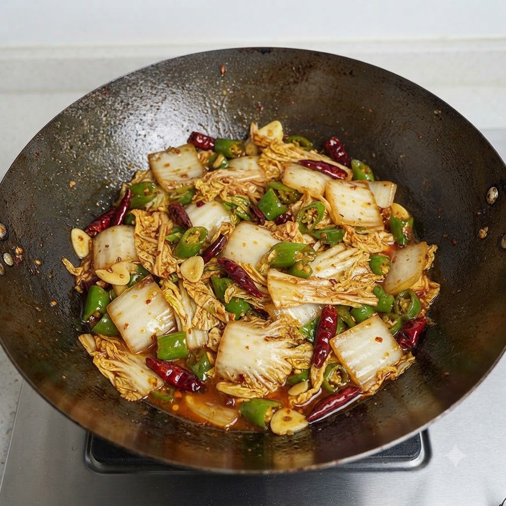 Miscela di cavolo cinese piccante cotta con succhi e olio visibili nel wok.