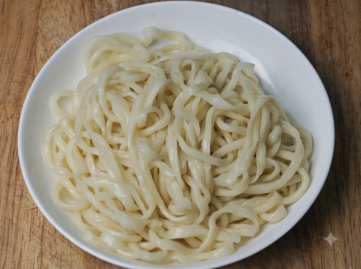 Guarnizione di cavolo cinese piccante messa con un cucchiaio su un piatto di grossi noodle.
