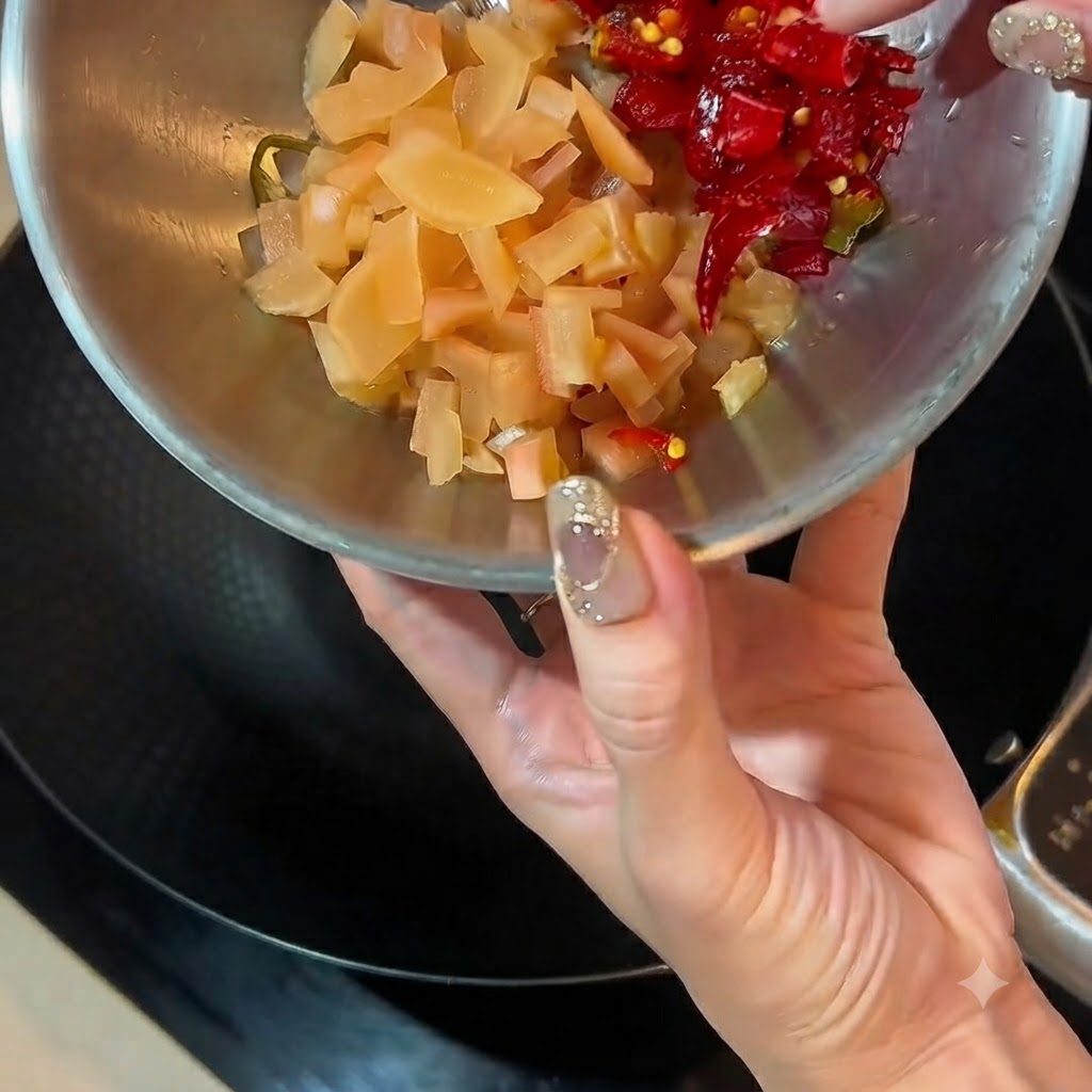 Ravanello sottaceto e peperoncini rossi in un wok con un filo di salsa di ostriche che cola da una bottiglia.