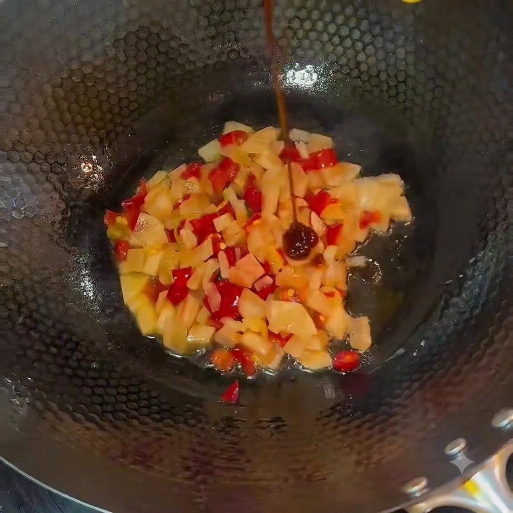 Condimenti versati in un wok contenente sottaceti tritati e mescolati accuratamente.