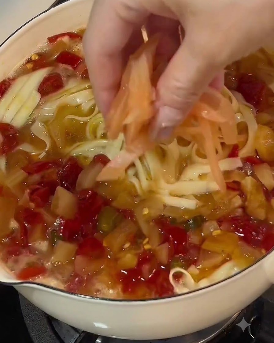 Strisce di ravanello sottaceto sparse sopra una pentola di noodle e brodo.