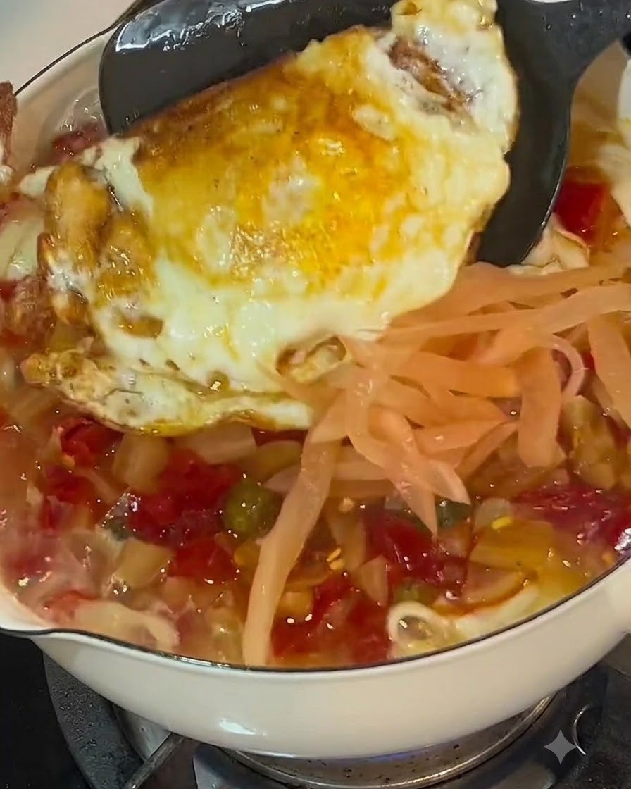 Una spatola che posiziona un uovo fritto dorato in una pentola piena di noodle, pomodori a dadini e strisce di cavolo sottaceto.