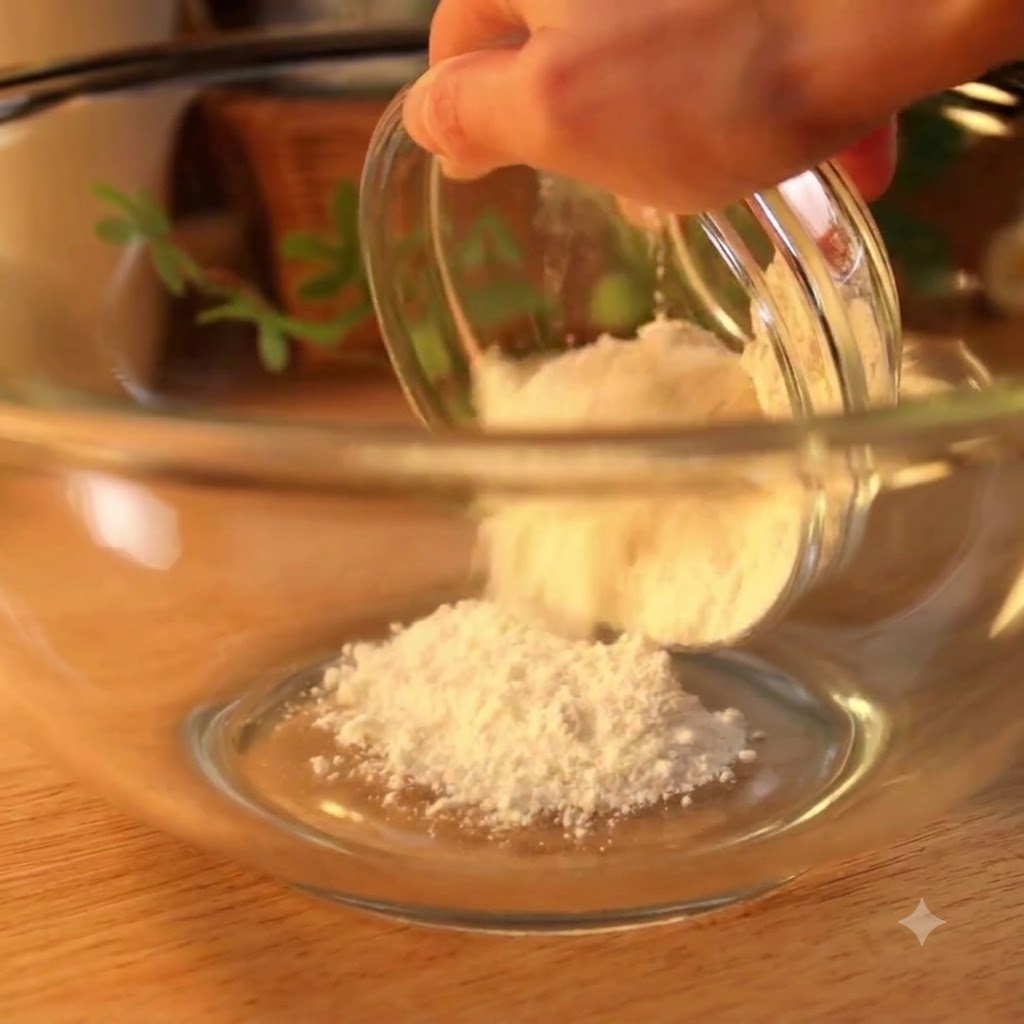 Acqua versata da una ciotolina nella farina per dolci bianca dentro una ciotola di vetro più grande.