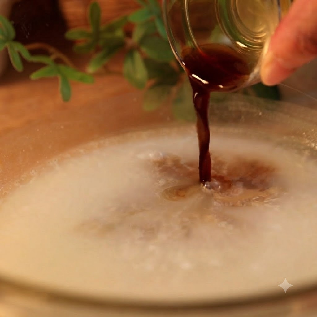 Salsa di soia scura e salsa Worcestershire versate in una ciotola di pastella liquida.