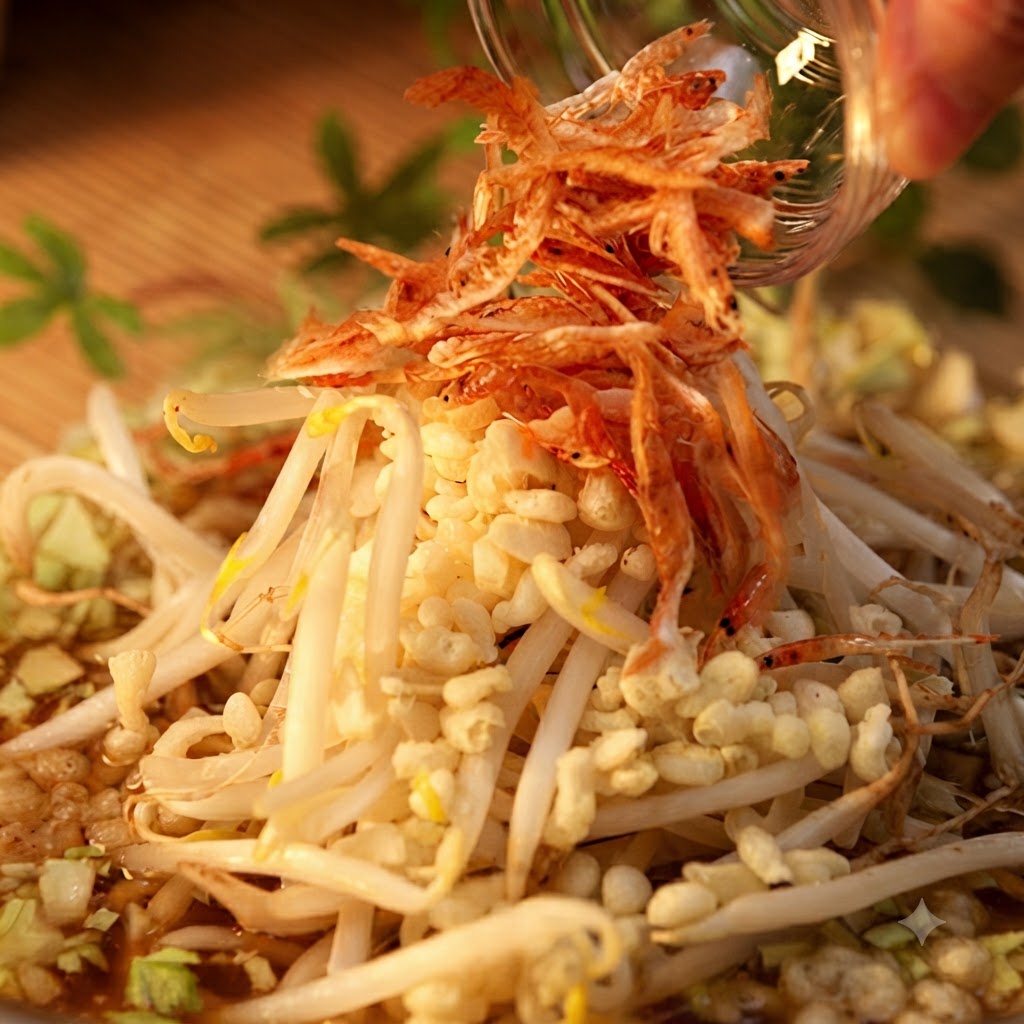 Gamberetti sakura rosa e zenzero rosso marinato aggiunti sopra un mucchio di germogli di soia, cavolo e pezzetti di tempura.