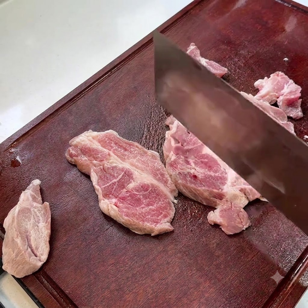 Fette di spalla di maiale battute con il dorso di un coltello su un tagliere di legno.