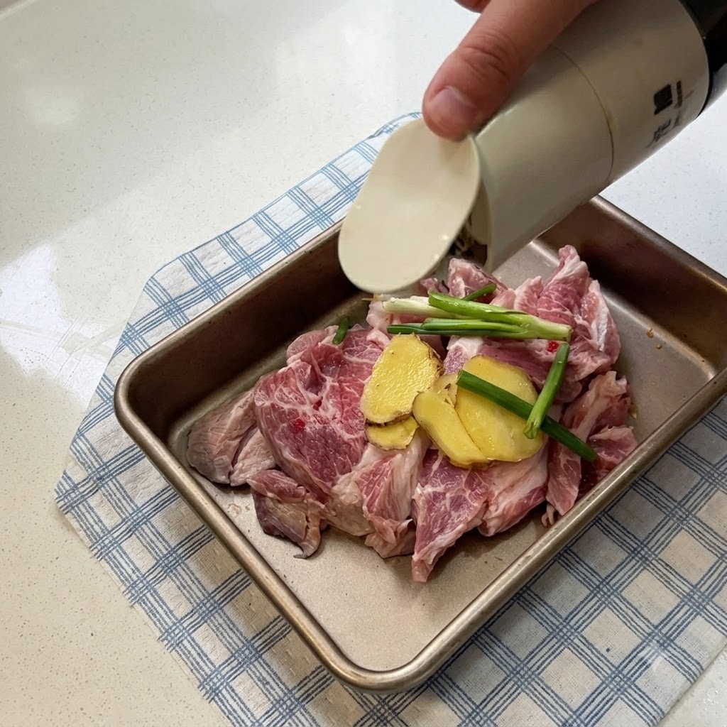 Fette di maiale disposte in un vassoio con fette di zenzero e cipollotti mentre viene versata la salsa di soia.