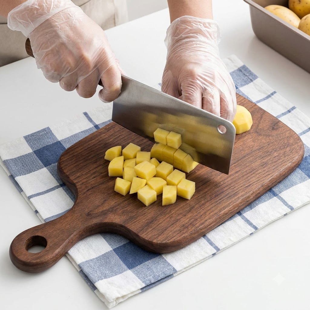 Patate tagliate a cubetti piccoli su un tagliere di legno usando una mannaia pesante.