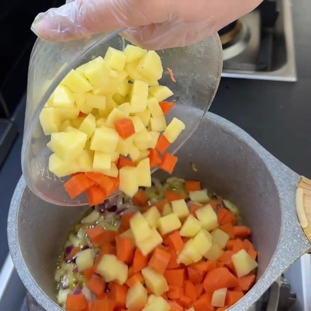 Carote e patate a dadini che scivolano da una ciotola trasparente nella pentola di cottura.