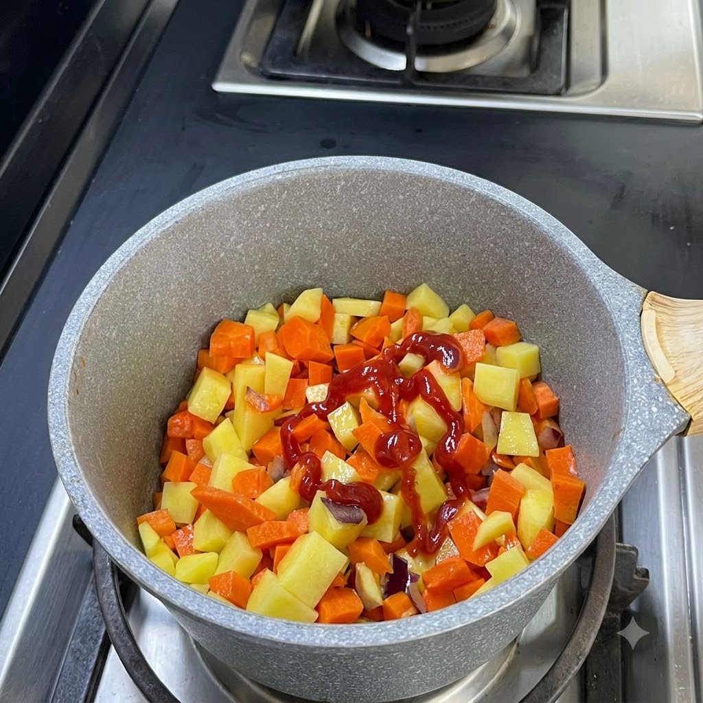 Ketchup spremuto a zig-zag sul composto di carote e patate a dadini nella pentola.