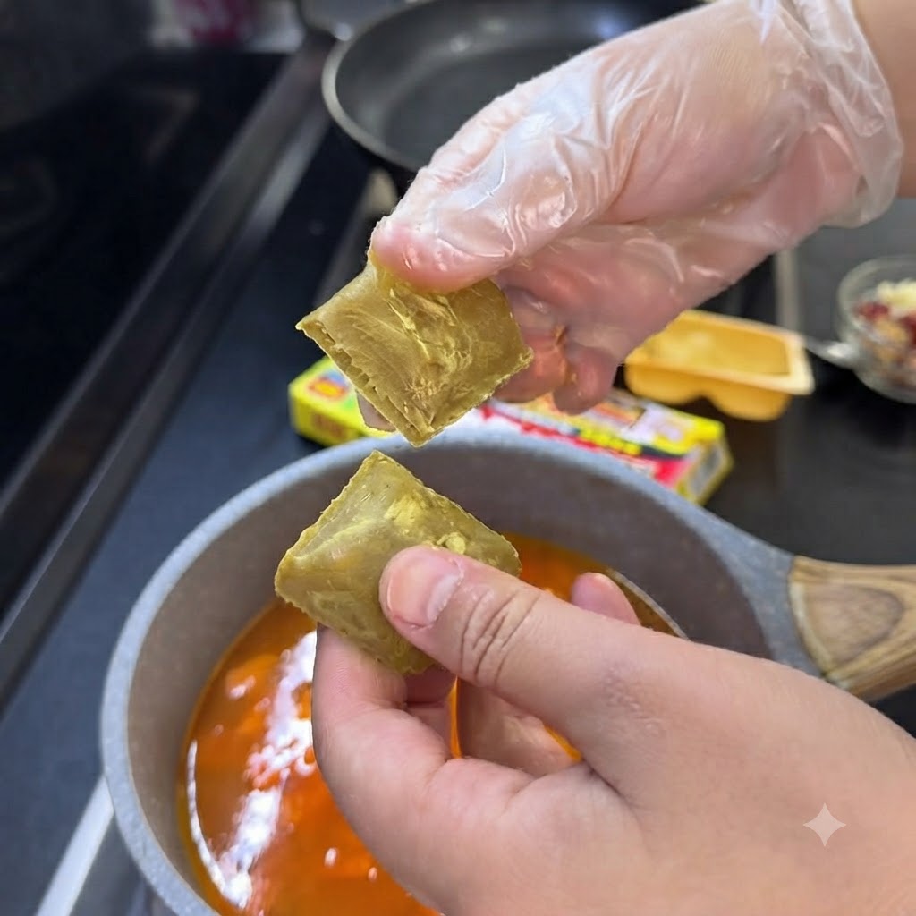 Due cubetti di curry gettati in una pentola di verdure e brodo che sobbollono.