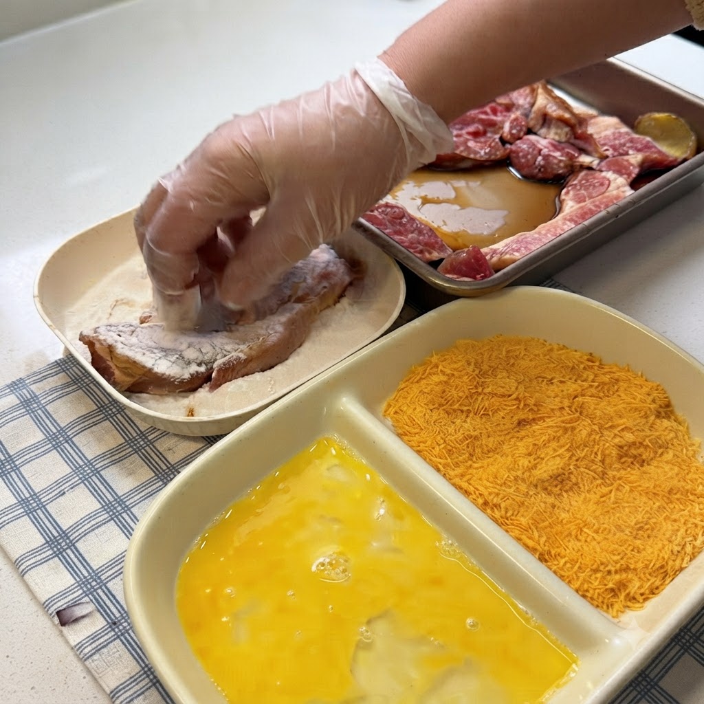 Una mano guantata che infarina un pezzo di maiale vicino a ciotole con uovo sbattuto e pangrattato.
