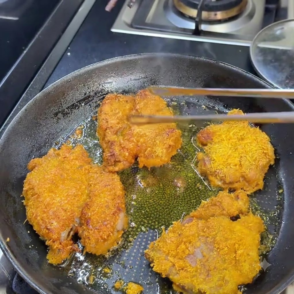 Cotolette di maiale fritte in padella controllate nella cottura con le bacchette.