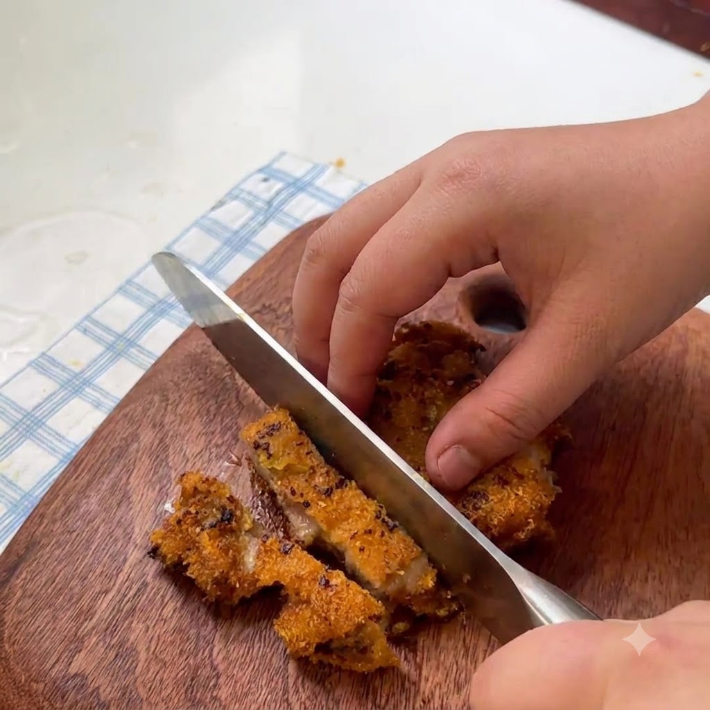 Una cotoletta di maiale fritta e croccante tagliata a pezzi su un tagliere.