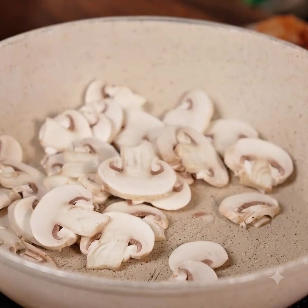 Funghi affettati che vengono gettati in una padella contenente fette di pancetta di maiale sbollentata e kimchi piccante.