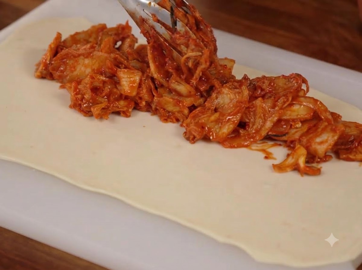 Ripieno cotto di kimchi e maiale che viene distribuito con un cucchiaio su un foglio di impasto steso a rettangolo su un tagliere bianco.