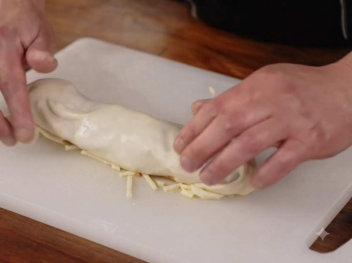 Mani che arrotolano limpasto sopra il ripieno formando un cilindro e sigillando i bordi su un tagliere bianco.
