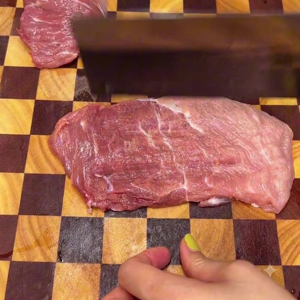 Cotolette di maiale in una ciotola di metallo con fette di zenzero fresco prima della marinatura.
