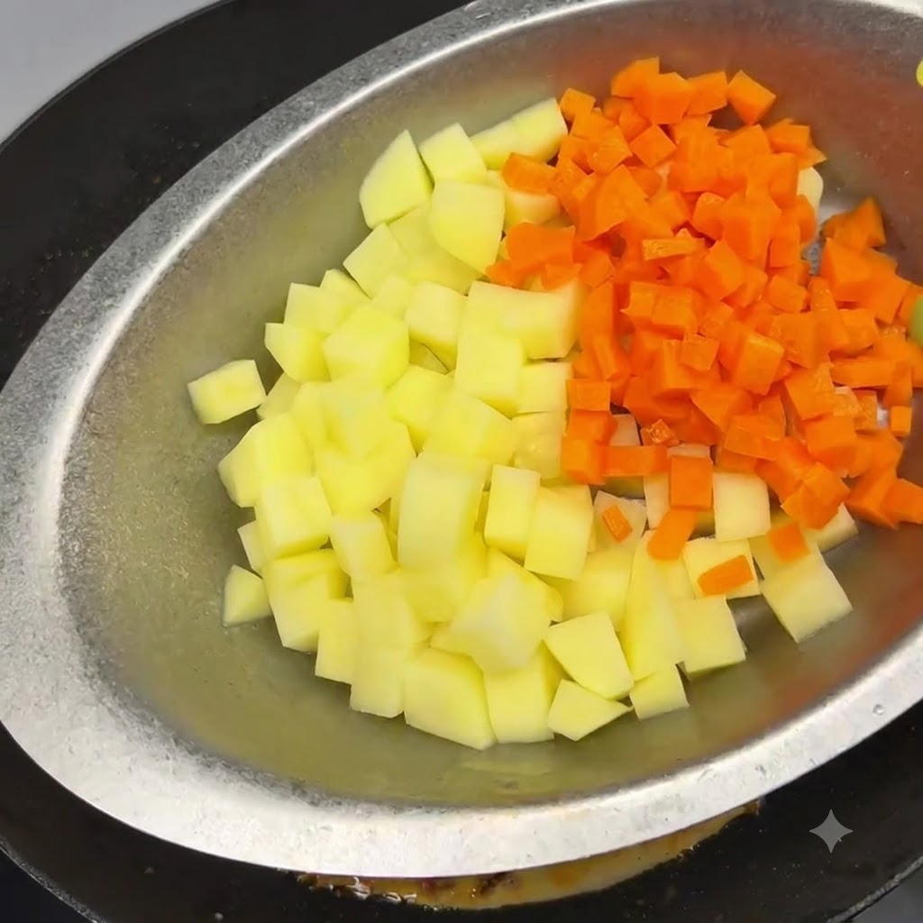 Ciotola di patate e carote tagliate a dadini fresche versate nella padella di cottura.