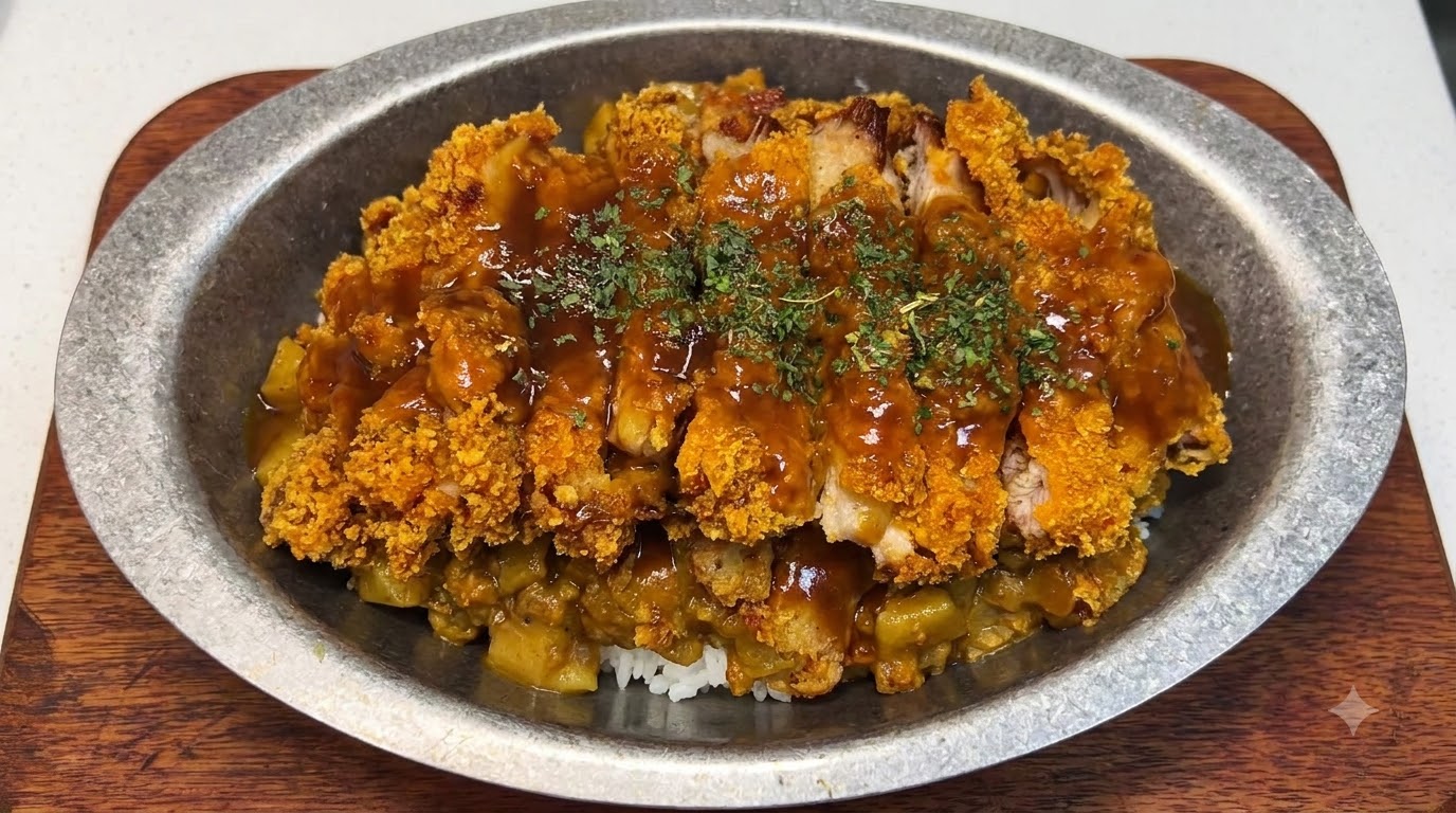 Un piatto ovale di metallo riempito di riso al curry sormontato da una cotoletta di maiale croccante affettata, condita con salsa marrone e guarnita con prezzemolo.