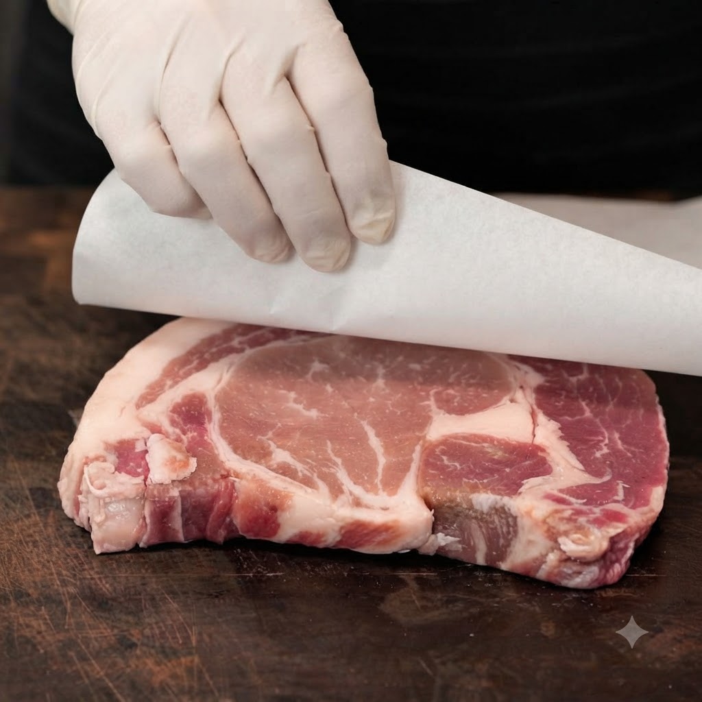 Una mano con i guanti che strofina sale marino e pepe nero su una bistecca di rib eye cruda su un tagliere di legno.