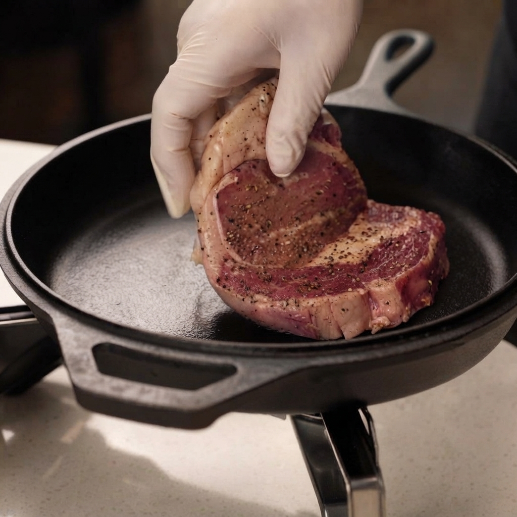 Una bistecca di rib eye condita che viene adagiata in una padella di ghisa calda.