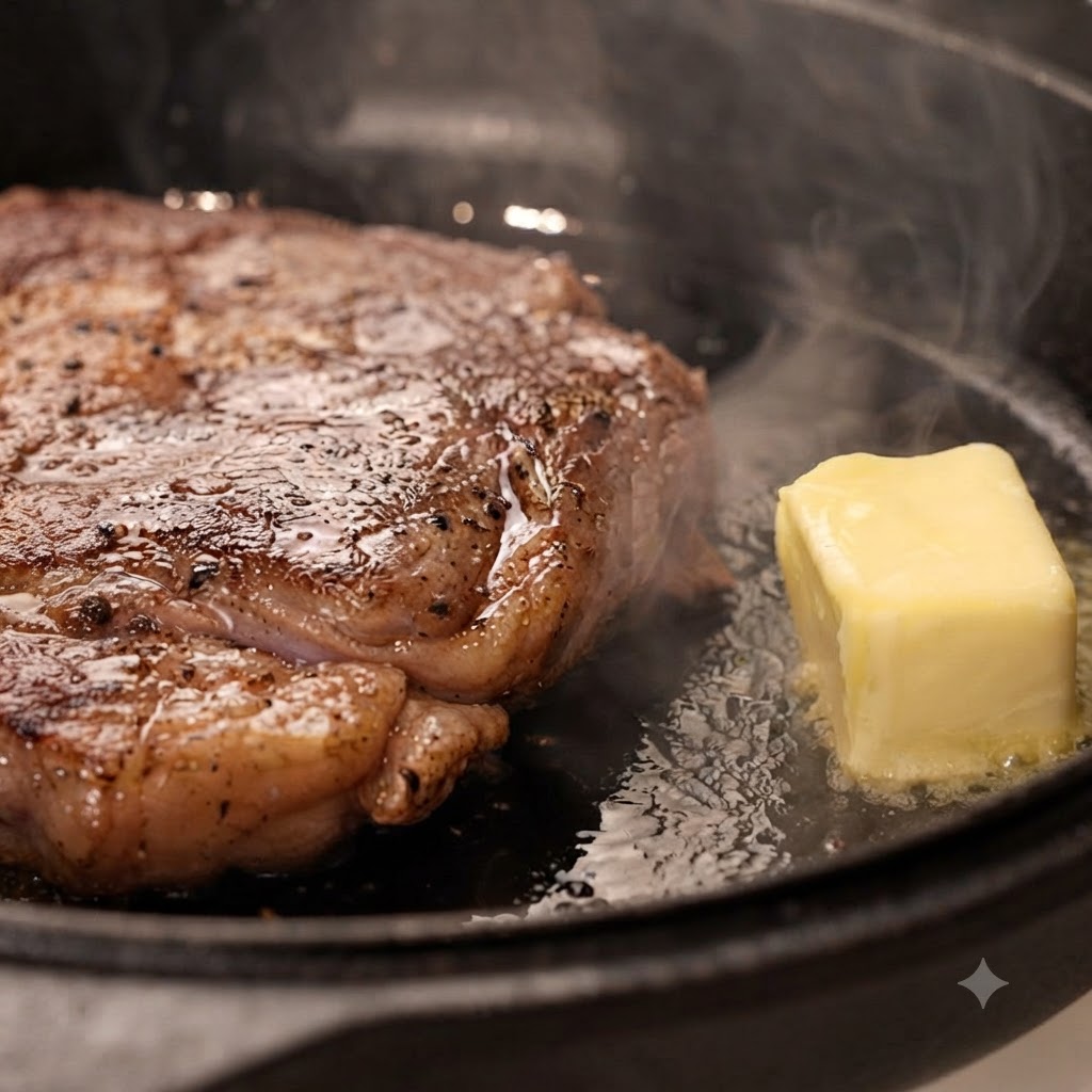 Un panetto di burro, spicchi daglio pelati e un rametto di rosmarino fresco che cuociono accanto a una bistecca sfrigolante in una padella.