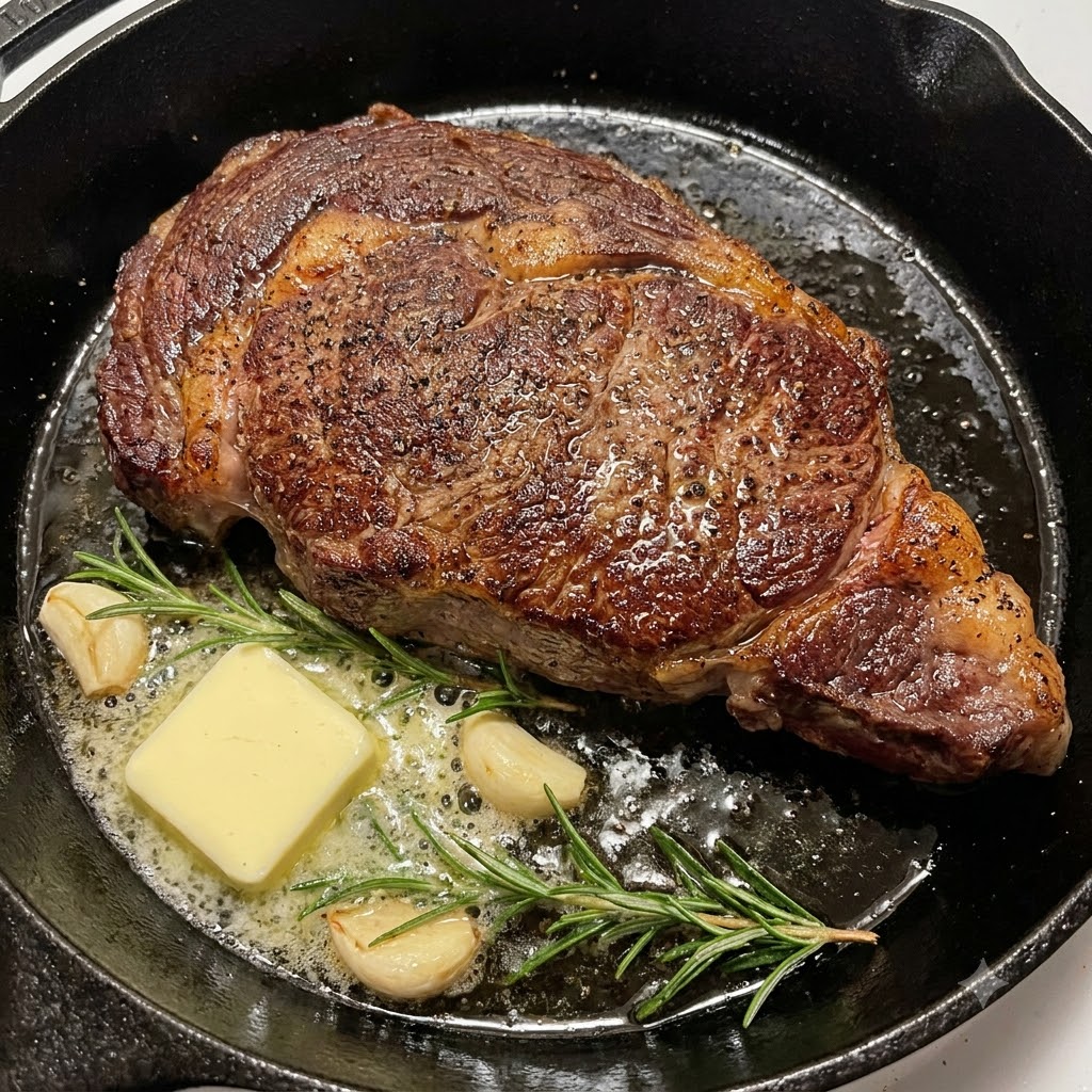 Salsa barbecue versata da una bottiglia su una bistecca scottata in una padella di ghisa sfrigolante.