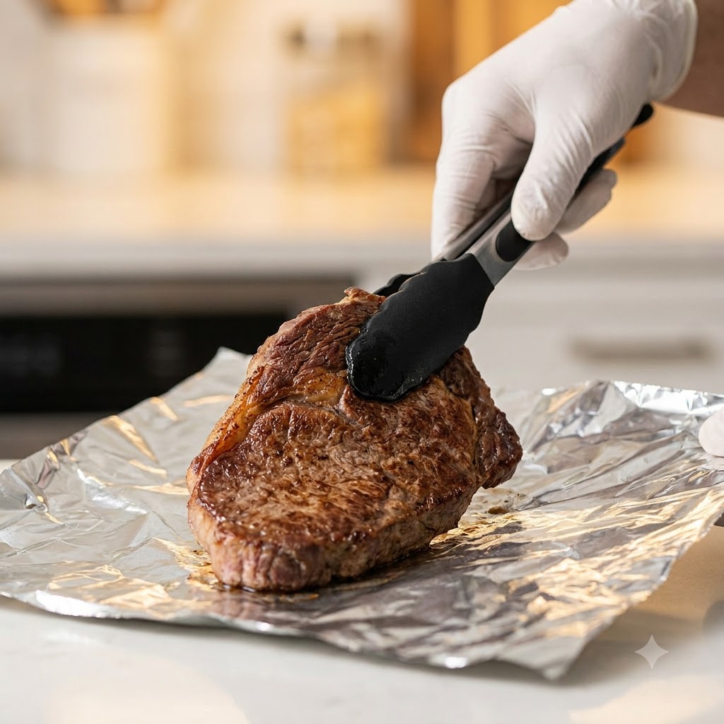 Una bistecca di rib eye cotta sollevata con le pinze sulla carta stagnola.