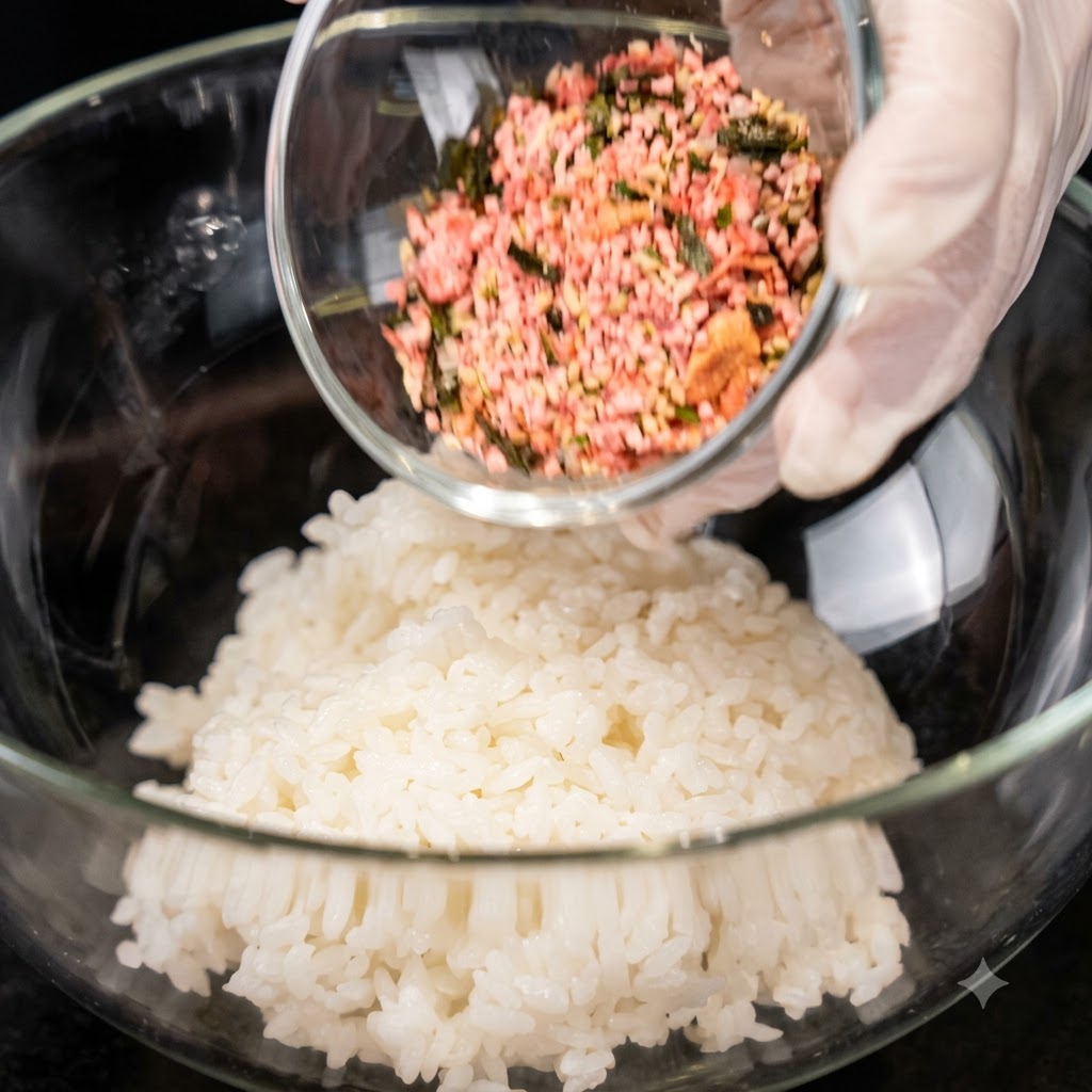 Scaglie di alga versate da una ciotola di vetro in una ciotola di riso bianco.