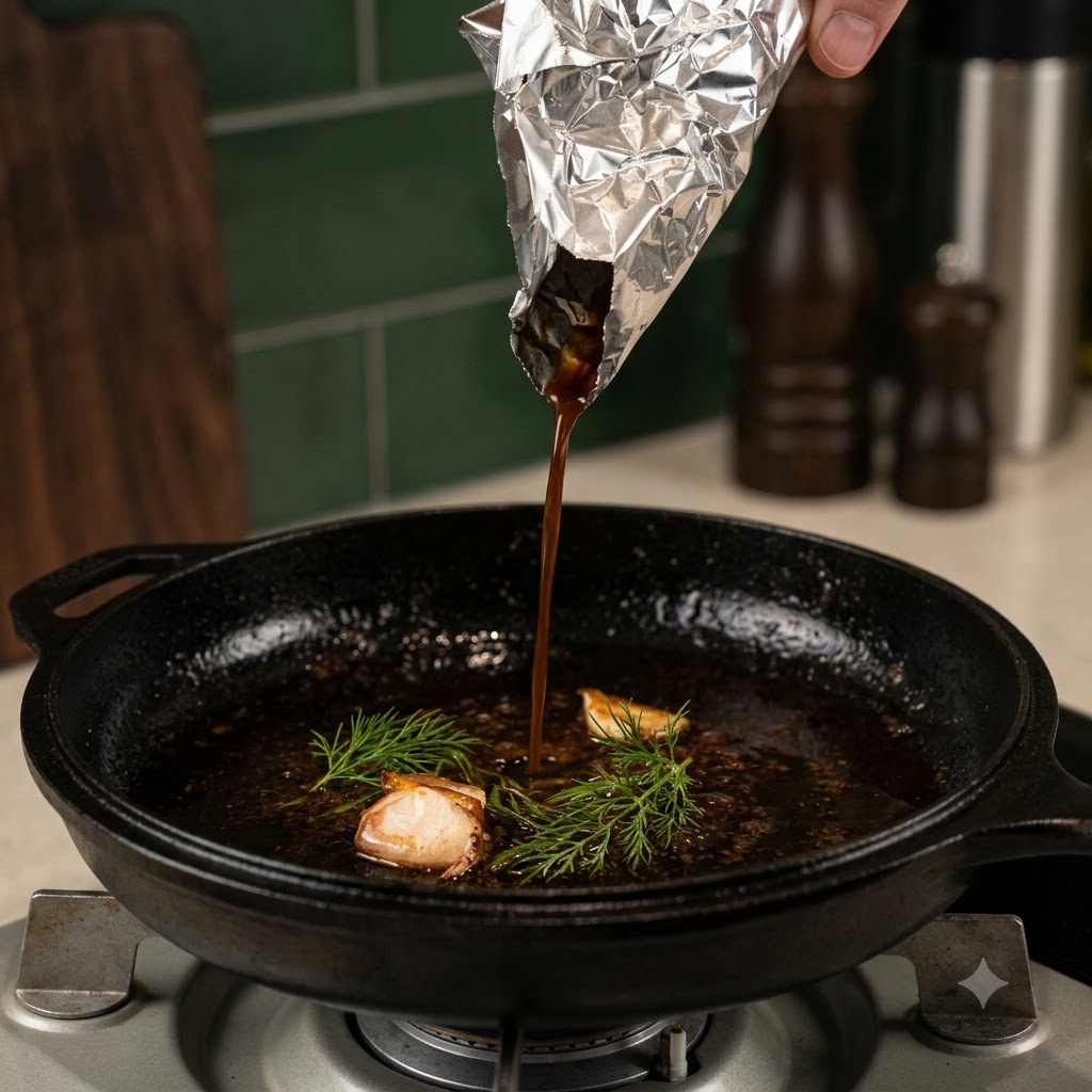 Succhi e salsa versati da un pezzo di alluminio in una padella di ghisa nera calda.