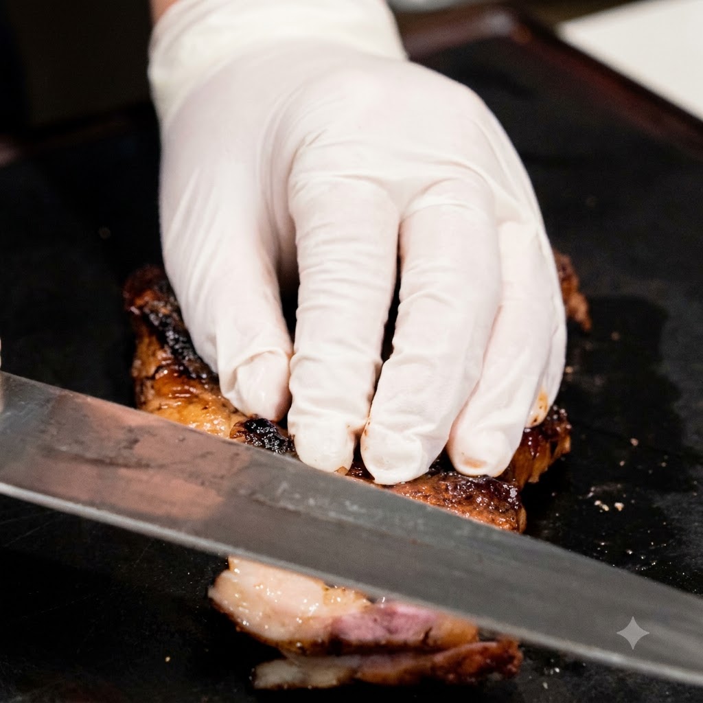 Una mano con i guanti che tiene ferma una bistecca cotta mentre la taglia con un affilato coltello da chef su un tagliere scuro.