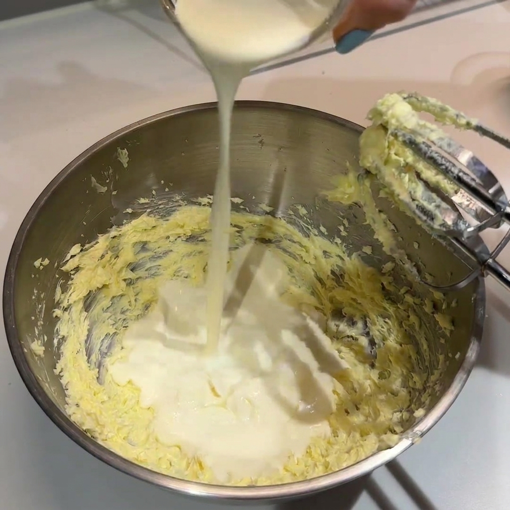 Panna fresca versata da un piccolo contenitore di vetro in una ciotola di metallo con burro montato.