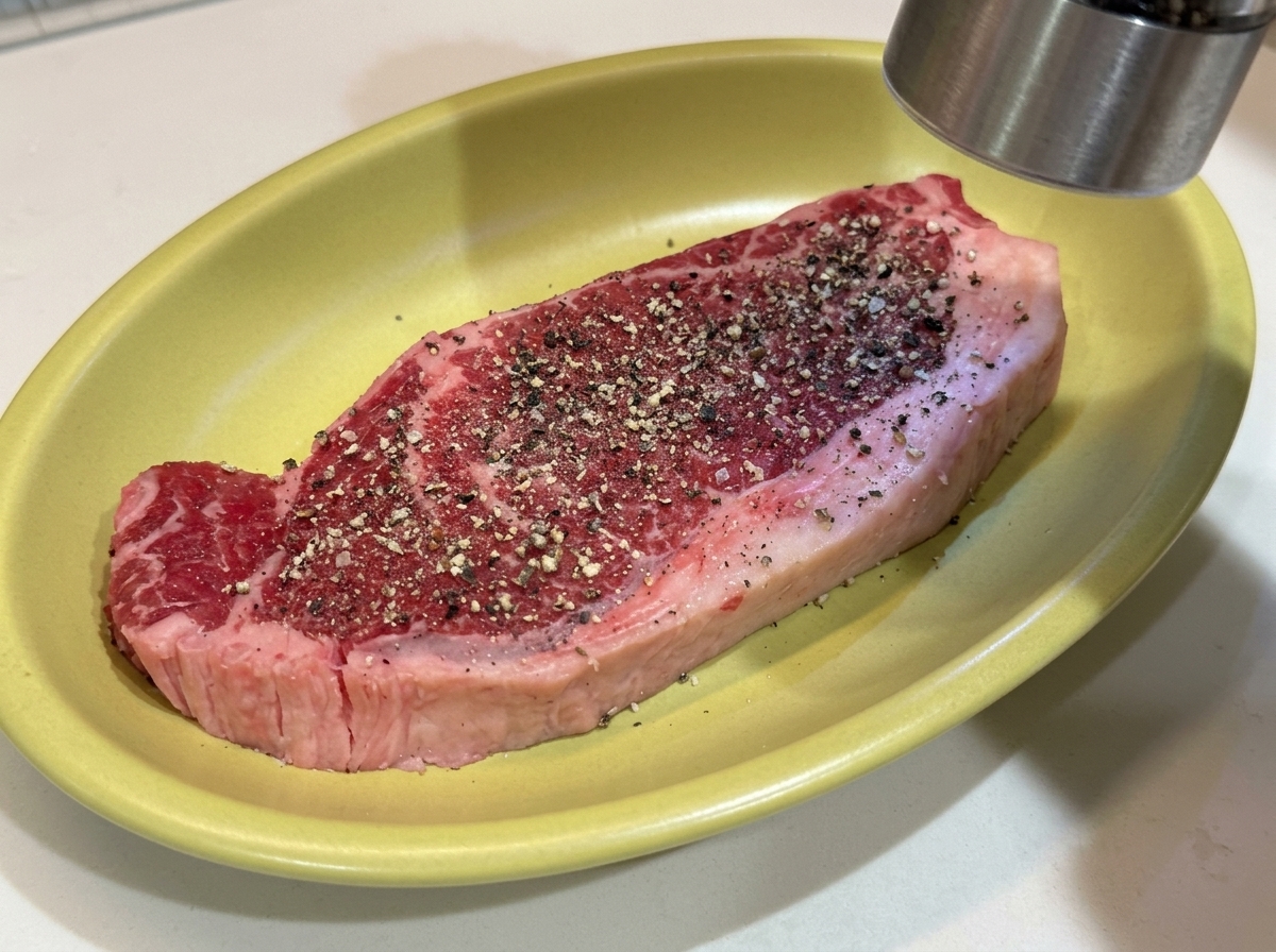 Una bistecca cruda e tagliata spessa in un piatto giallo mentre viene condita con pepe nero macinato fresco.
