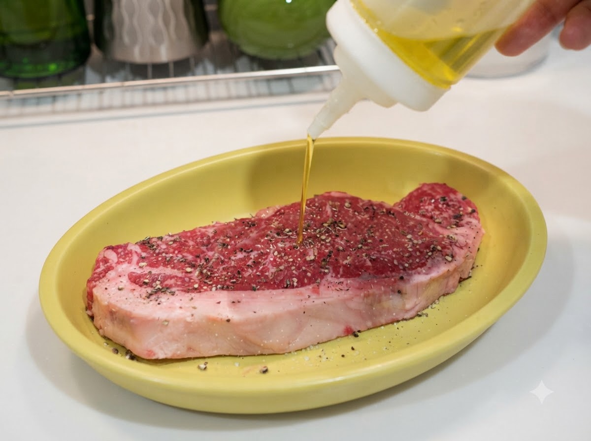 Olio doliva fatto gocciolare su una bistecca cruda condita con sale e pepe nero in un piatto giallo.