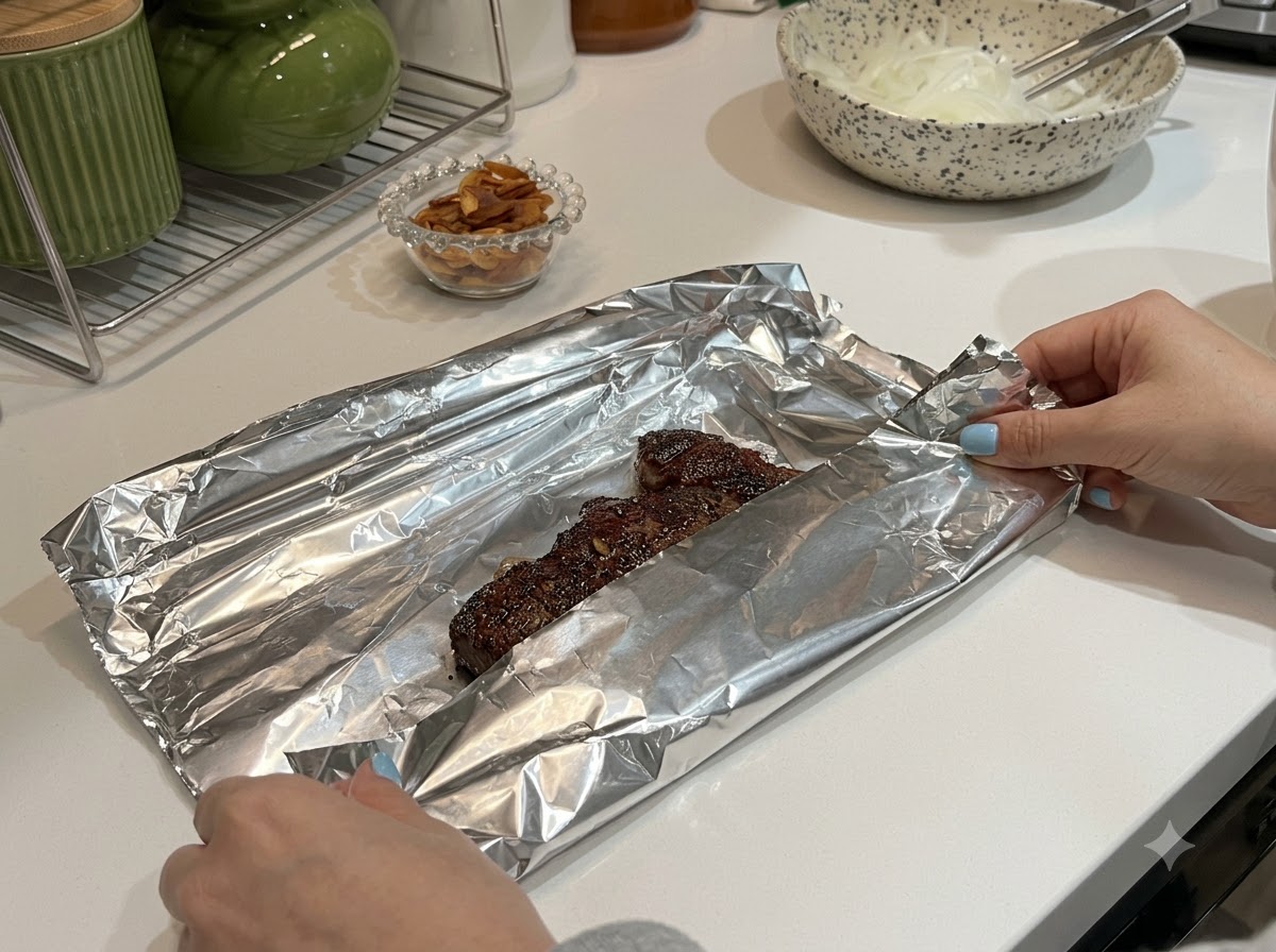 Una bistecca scottata avvolta allinterno di carta stagnola su un bancone della cucina.