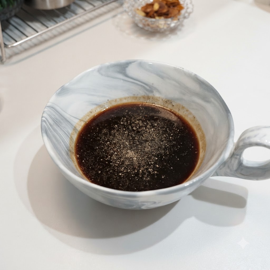 Salsa di soia e condimenti mescolati in una ciotola di marmo.
