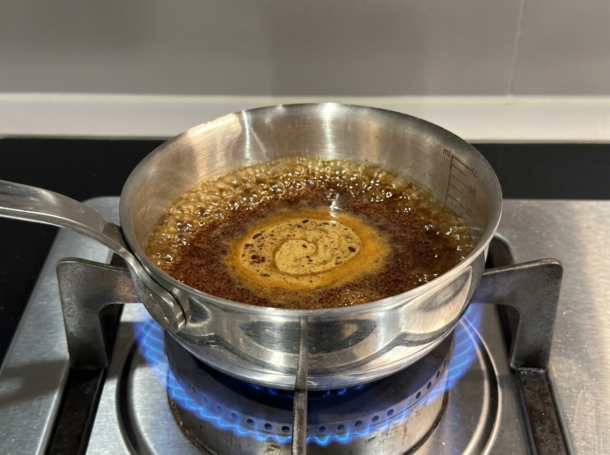 Salsa teriyaki che bolle e si addensa in un pentolino.