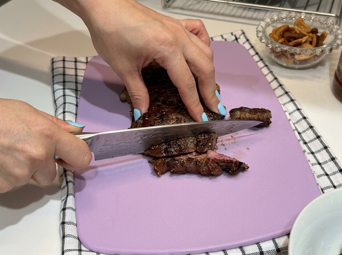 Bistecca tagliata su un tagliere viola.