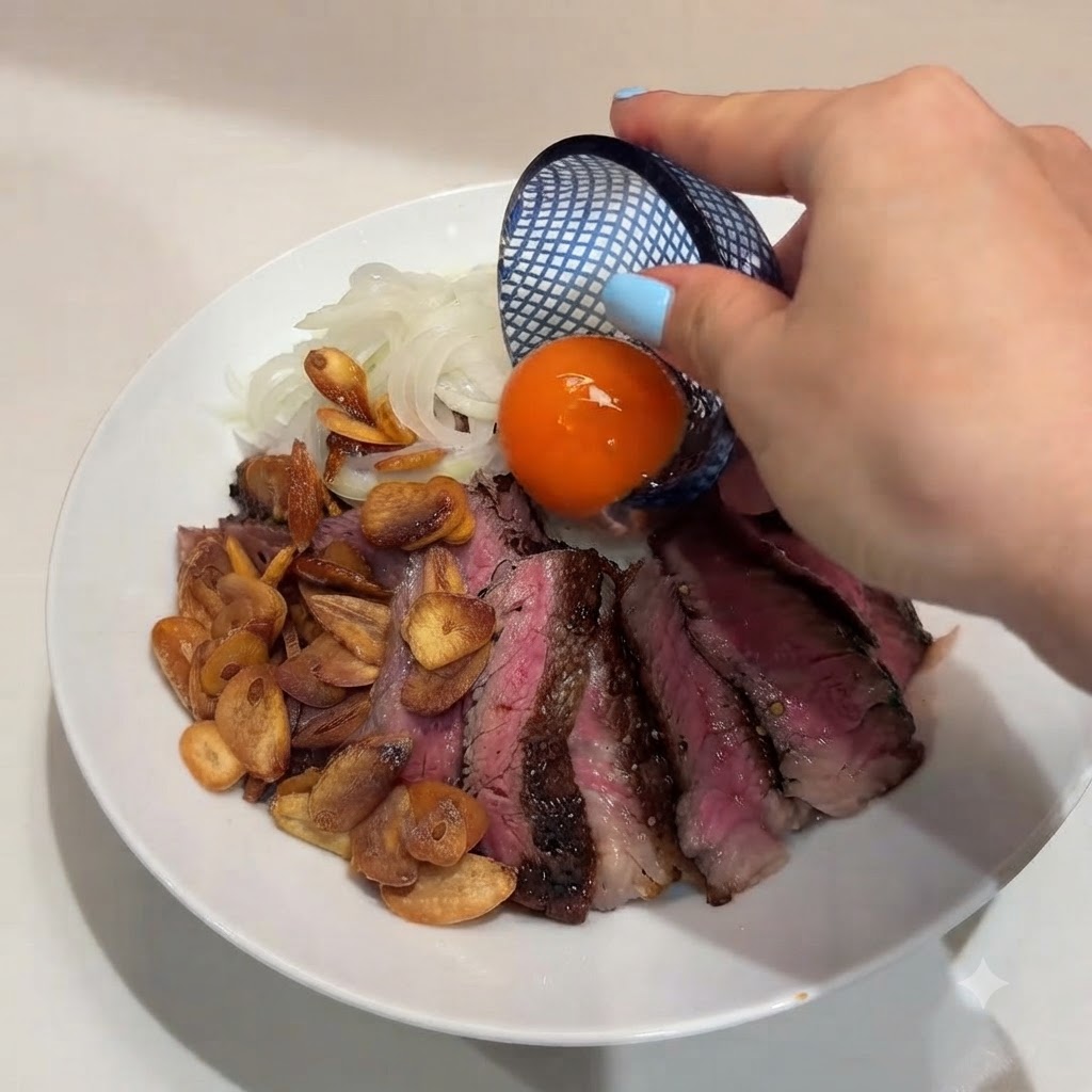 Una mano che tiene un piccolo contenitore scuro, versando un tuorlo duovo crudo arancione brillante al centro di una ciotola di riso e bistecca.