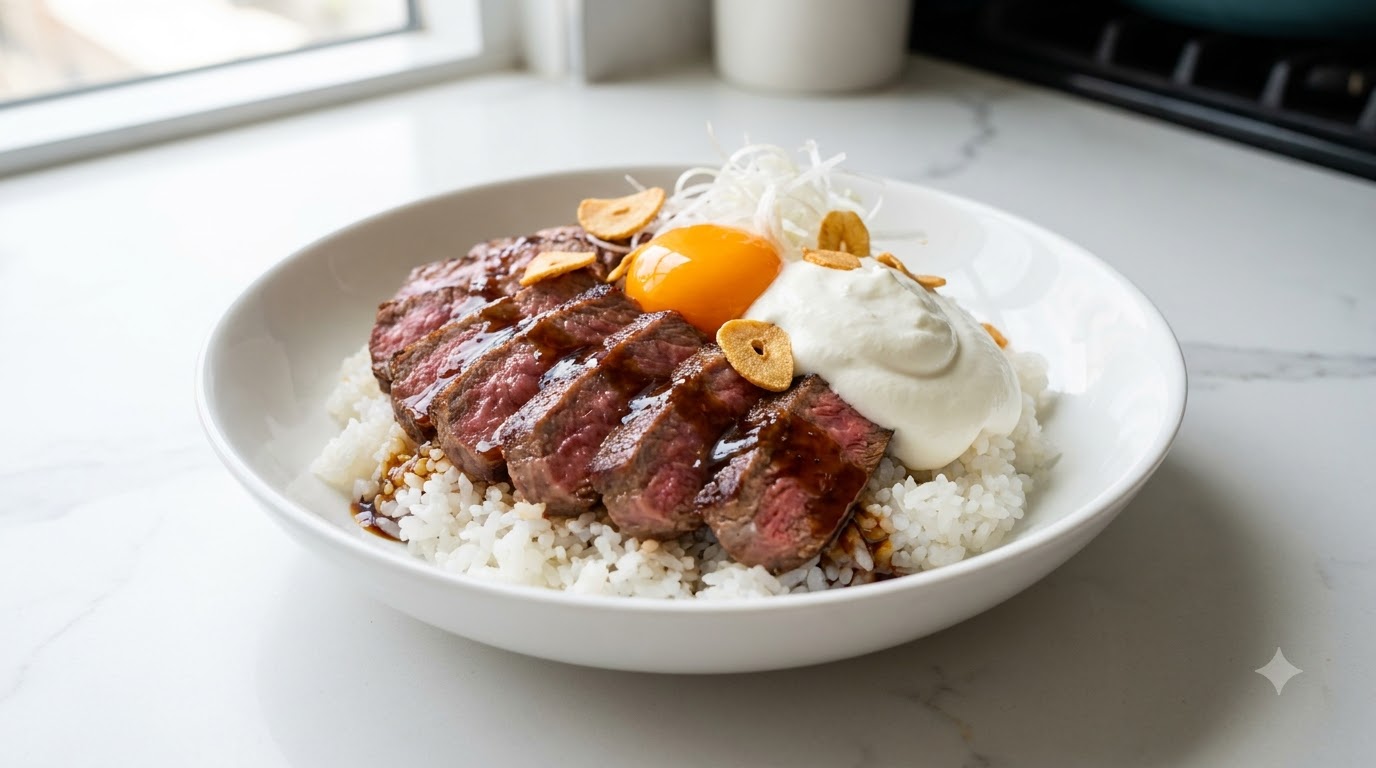 Una ciotola gourmet di Shibuya Steak Rice con fette di bistecca al sangue, panna montata, tuorlo duovo crudo e aglio croccante sul riso
