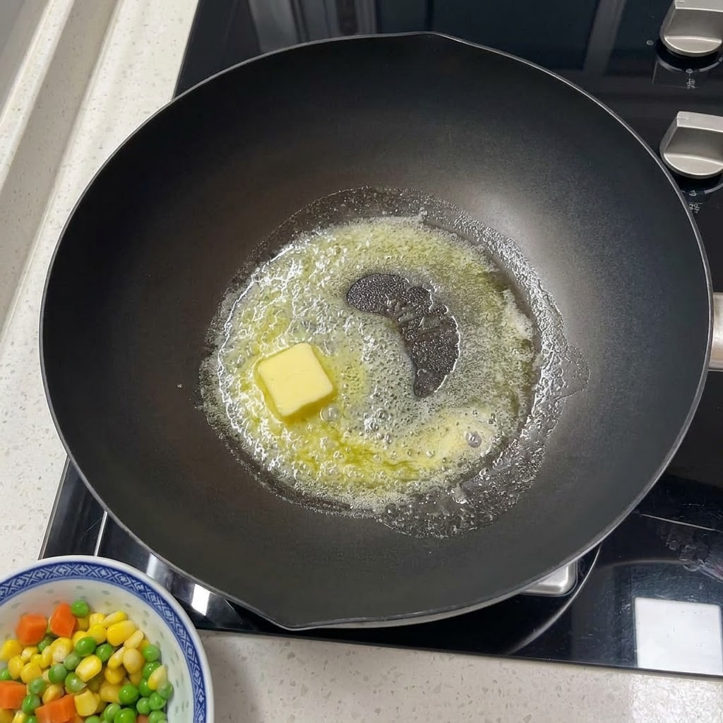 Burro che si scioglie in una padella calda e viene distribuito con una spatola di legno.